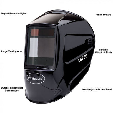 Black welding helmet with features labeled on a white background