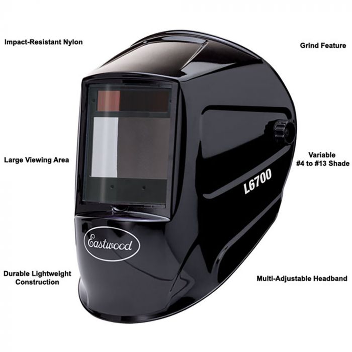 Black welding helmet with features labeled on a white background