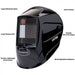 Black welding helmet with features labeled on a white background