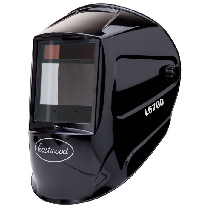 Black welding helmet with Eastwood logo on a white background