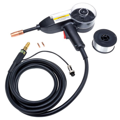 Welding gun with cable and spool of wire on a white background