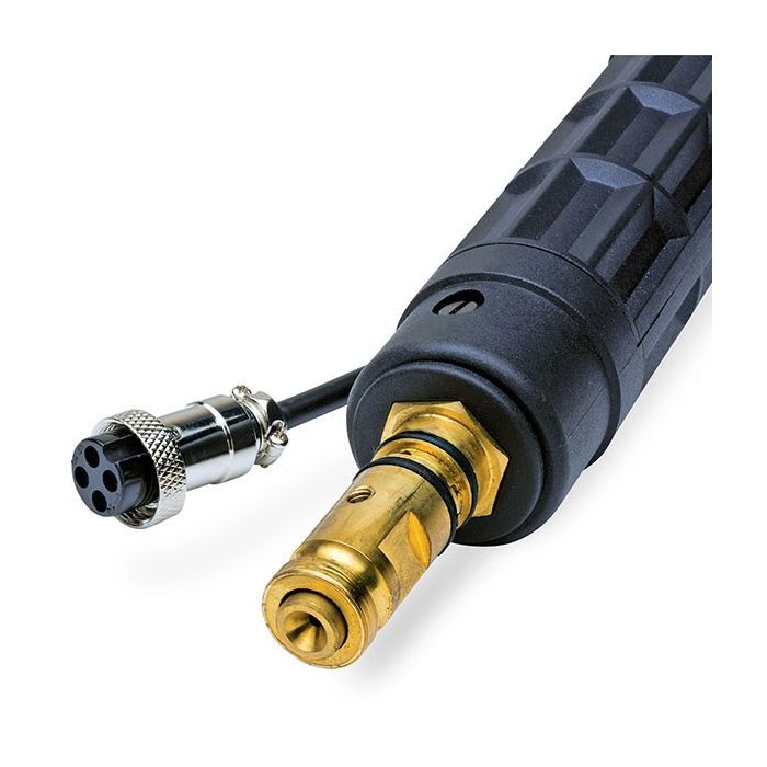 Black and gold nozzle with a metallic connector on a white background Eastwood MP250 MIG Welder Torch