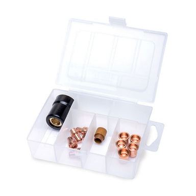 Set of welding nozzles and tips in a clear plastic case on a white background Eastwood Versa Cut 40 Plasma Cutter Consumables Kit