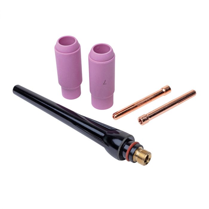 Set of welding nozzles and tips on a white background Eastwood Water Cooled WP18F TIG Welder Torch