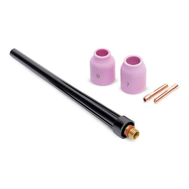 Black cylindrical tool with pink nozzles and a copper fitting on a white background Eastwood Water Cooled WP20F TIG Torch
