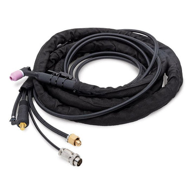 Coiled black cable with various connectors on a white background Eastwood Water Cooled WP20F TIG Torch