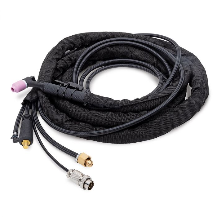 Coiled black cable with various connectors on a white background Eastwood Water Cooled WP20F TIG Torch