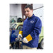 Eastwood blue Welding jacket  working on a vehicle in a garage.