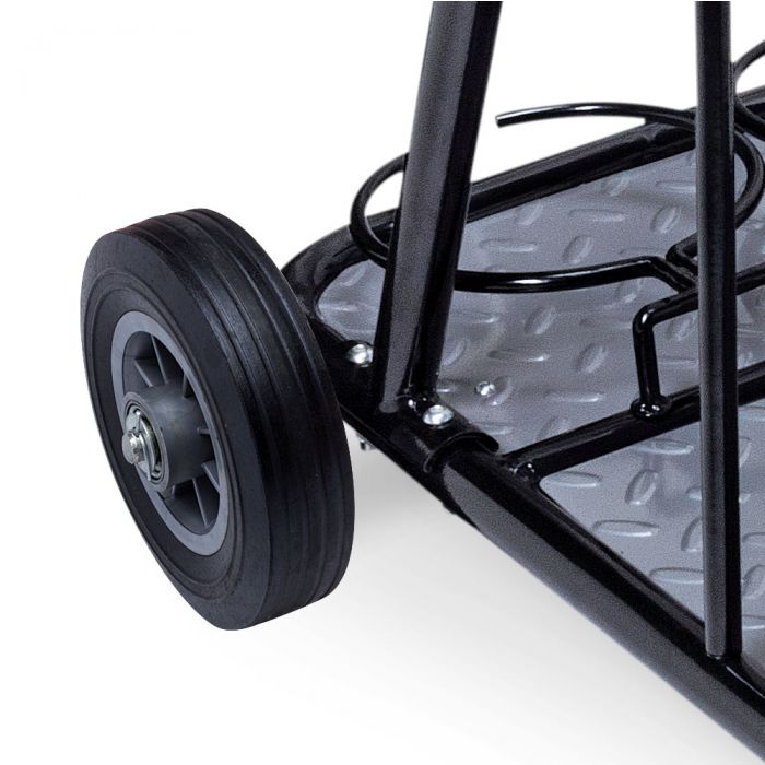 Close-up of heavy-duty rear wheel and reinforced axle on the Eastwood Professional Welding Cart.