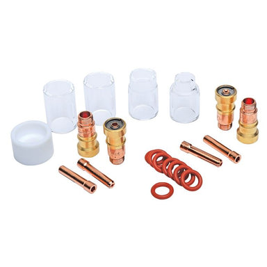 Components included in the Eastwood Pyrex gas lens kit for TIG welding