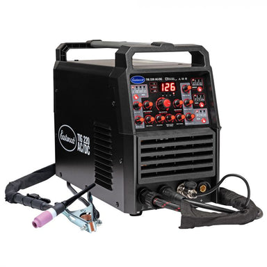 Front angle view of the Eastwood TIG 220 AC/DC welder with included accessories
