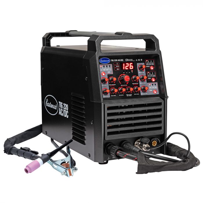 Front angle view of the Eastwood TIG 220 AC/DC welder with included accessories
