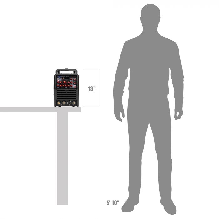 Eastwood TIG 220 AC/DC welder shown beside a person for size comparison

