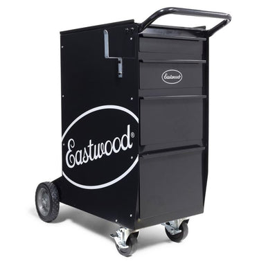 Eastwood heavy-duty toolbox welding cart with integrated four-drawer storage and gas bottle platform.