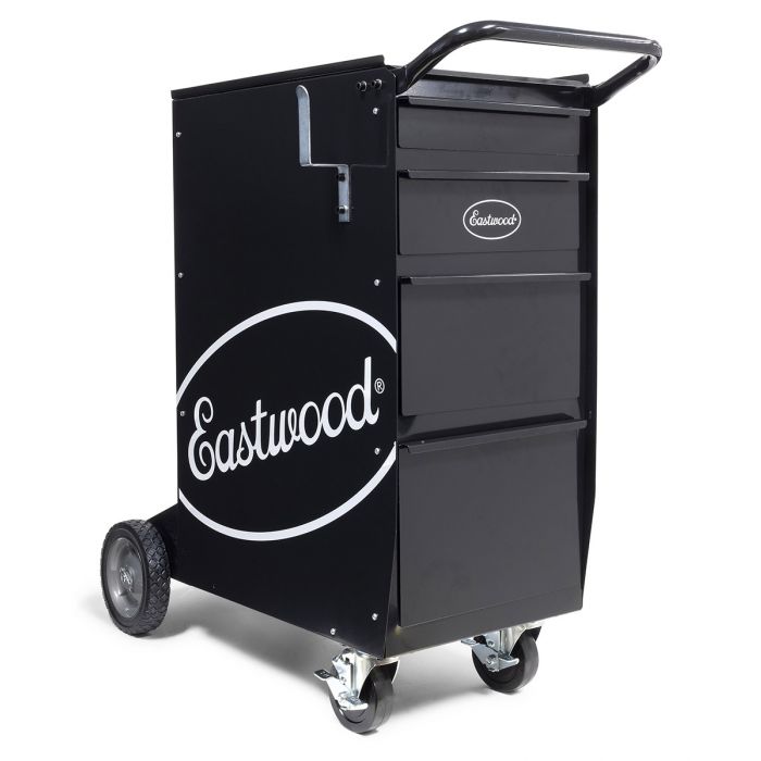 Eastwood heavy-duty toolbox welding cart with integrated four-drawer storage and gas bottle platform.