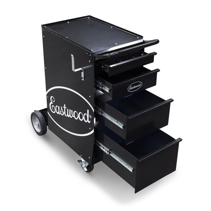 Eastwood welding cart with four pull-out storage drawers for welding accessories and consumables.