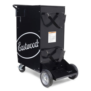 Rear view of the Eastwood toolbox welding cart showing gas cylinder mounting platform and retaining straps.