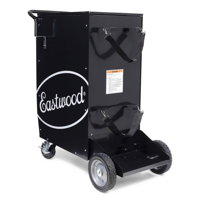Rear view of the Eastwood toolbox welding cart showing gas cylinder mounting platform and retaining straps.