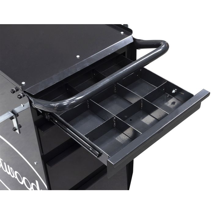 Close-up of the organizer tray inside the top drawer of the Eastwood toolbox welding cart.