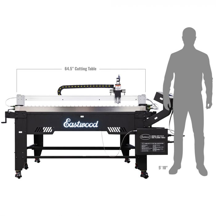 Eastwood Versa-Cut 5x5 CNC plasma table shown beside a person for size comparison
