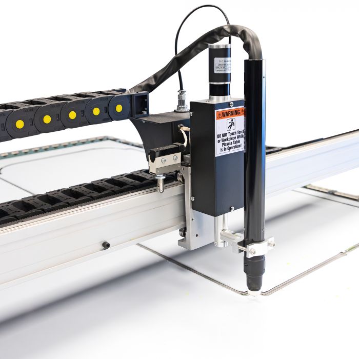CNC plasma torch assembly mounted on the Eastwood Versa-Cut 4x8 cutting table
