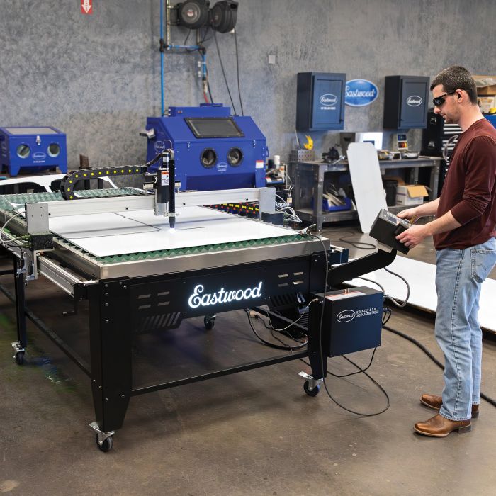 Eastwood Versa-Cut 4x8 CNC plasma table cutting steel during production
