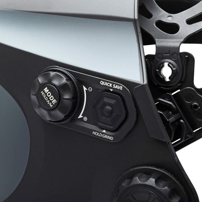 Close-up of the digital controls and quick save function on the Eastwood W9400 welding helmet.