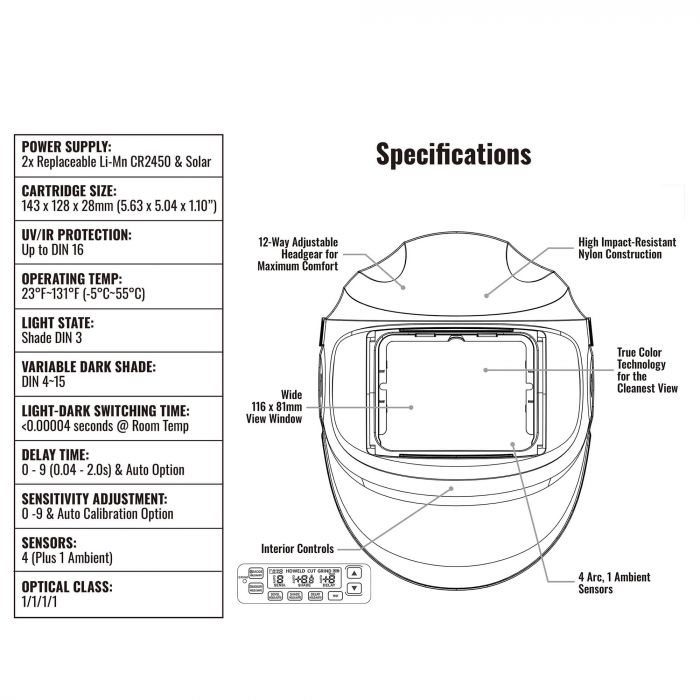 Specifications and feature diagram for the Eastwood W9400 Wide View auto-darkening welding helmet.