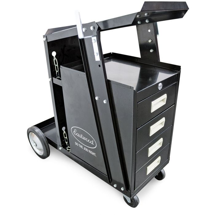 Eastwood four-drawer welding cart storage cabinet mounted to a compatible welding cart