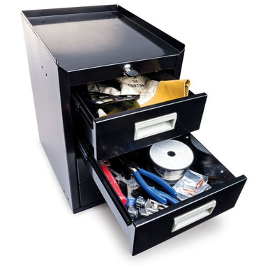 Open Eastwood welding cart drawer cabinet showing organized welding accessories