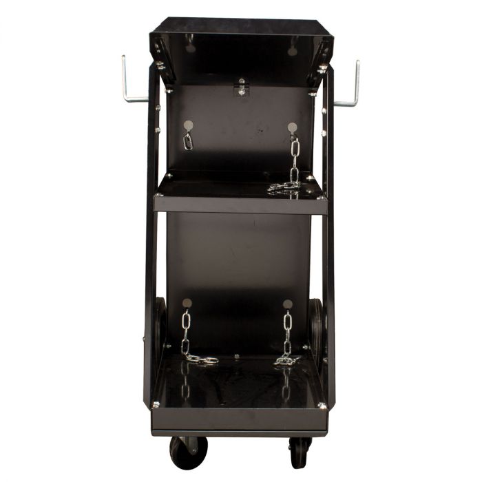 Rear view of the Eastwood welding cart showing storage shelves and gas cylinder support.