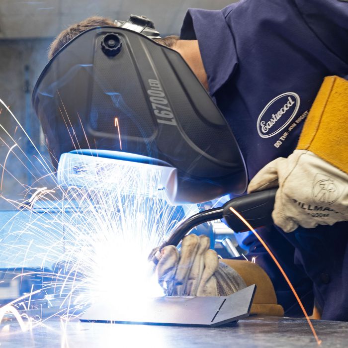 Eastwood L6700LED Welding Helmet Dark Edition Used while Welding in Shop