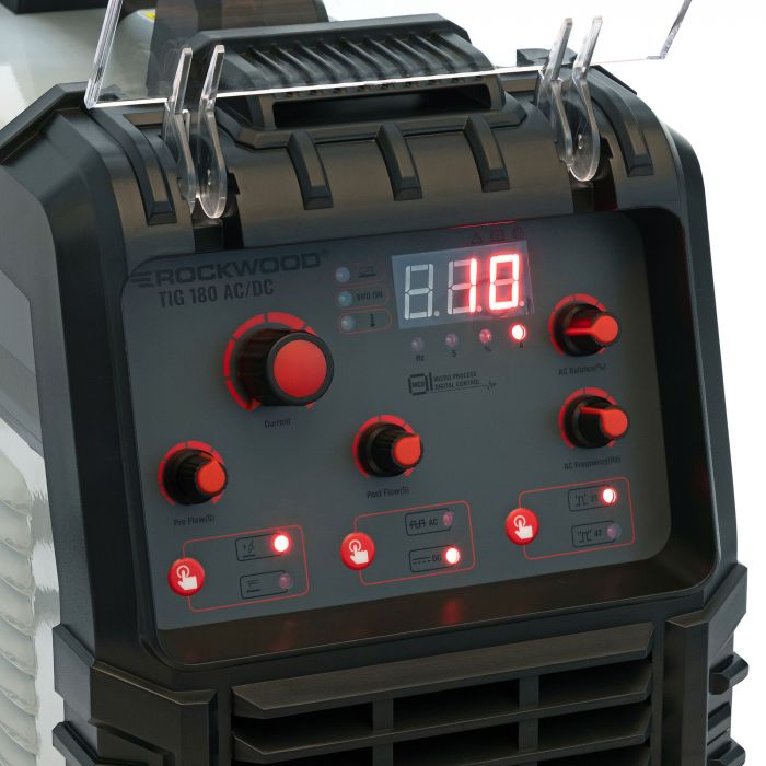 Close-up of the Rockwood 180 AC/DC TIG welder digital control panel and adjustment knobs
