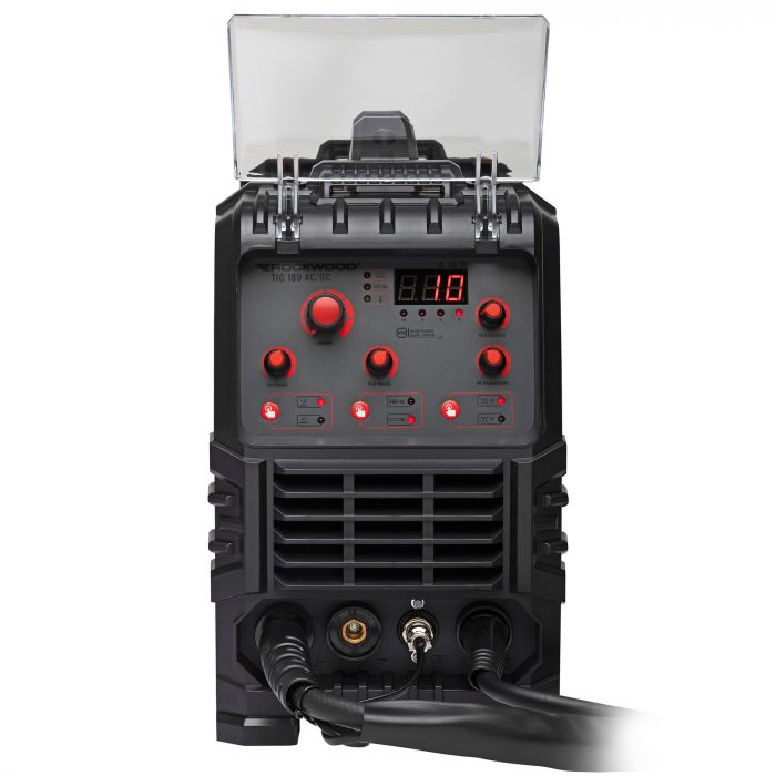 Front control panel of the Rockwood 180 AC/DC TIG welder showing digital display and adjustment controls
