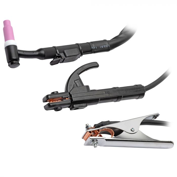 Ground clamp, electrode holder, and welding cables included with the Rockwood 180 AC/DC TIG welder
