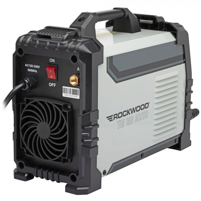 Rear view of the Rockwood 180 AC/DC TIG welder showing cooling fan, power input, and rear connections
