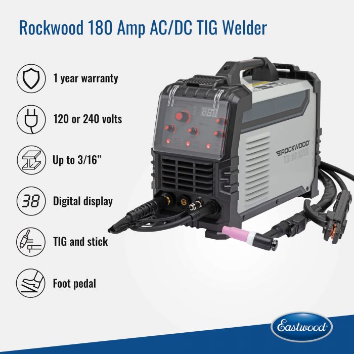 Rockwood 180 AC/DC TIG welder specifications, features, and included accessories graphic
