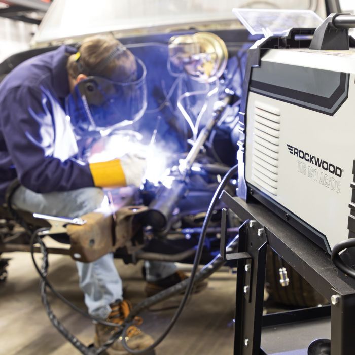 Rockwood 180 AC/DC TIG welder being used for TIG welding during a metal fabrication project
