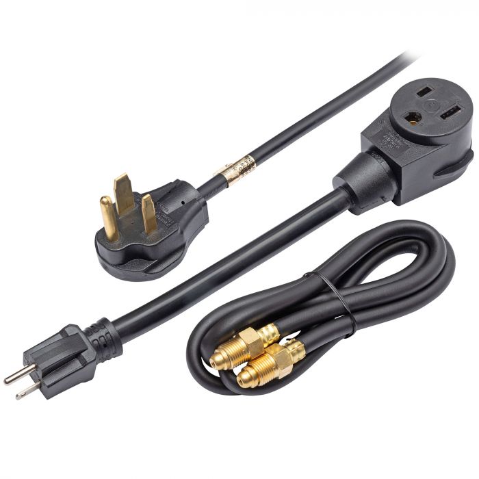 Ground clamp, adapter cord, shielding gas hose, and welding accessories included with the Rockwood MIG 160 welder
