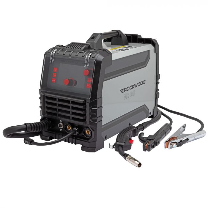 Rockwood MIG 160 multiprocess welder with MIG gun, ground clamp, and electrode holder

