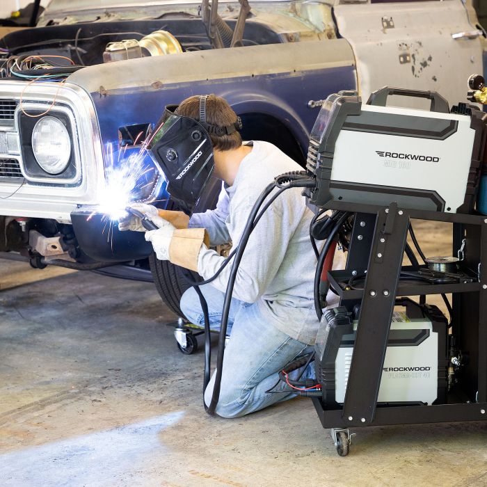 Rockwood MIG 160 multiprocess welder in use during a welding project
