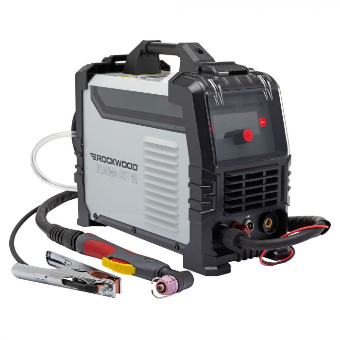 Front angle view of the Rockwood Plasma-Cut 40 plasma cutter with included accessories
