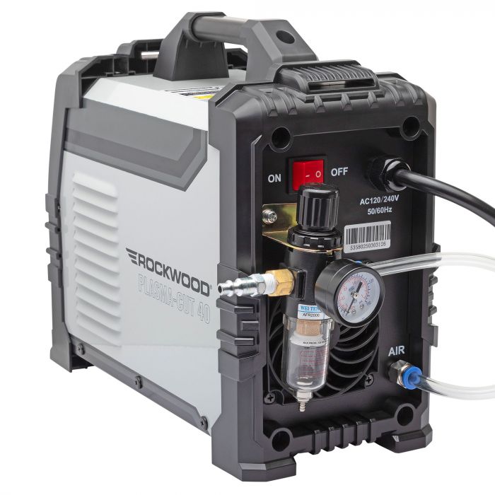 Rear view of the Rockwood Plasma-Cut 40 plasma cutter showing cooling fan and rear connections
