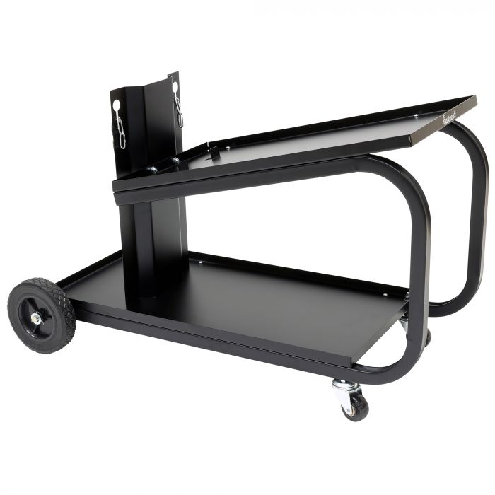 Eastwood low profile heavy-duty welding cart with upper welding machine tray and gas cylinder platform.
