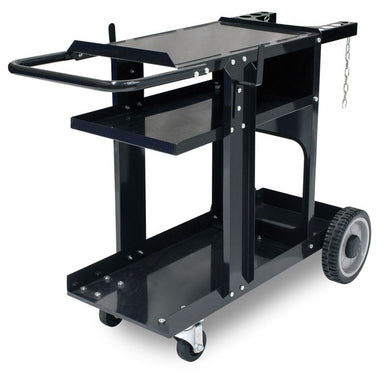 Empty Eastwood three-shelf welding cart with gas bottle mount, cable hooks, and heavy-duty steel construction.