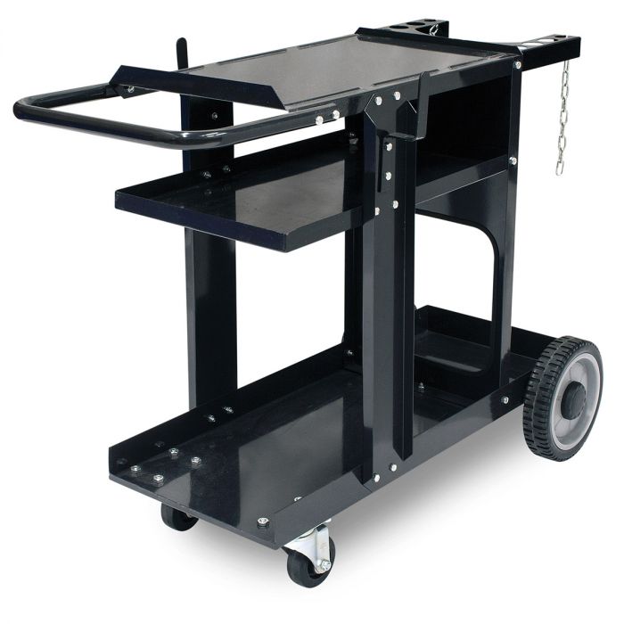Empty Eastwood three-shelf welding cart with gas bottle mount, cable hooks, and heavy-duty steel construction.