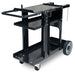 Empty Eastwood three-shelf welding cart with gas bottle mount, cable hooks, and heavy-duty steel construction.