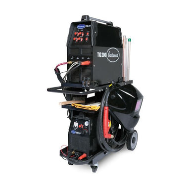 Eastwood MIG TIG plasma welding cart fully equipped with welder, plasma cutter, gas cylinder, and welding helmet.