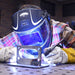 Welder using the Eastwood Elite Vista-Arc panoramic welding helmet during TIG welding.