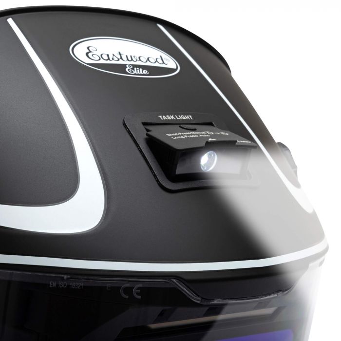 Integrated LED task light on the Eastwood Elite Vista-Arc panoramic welding helmet.